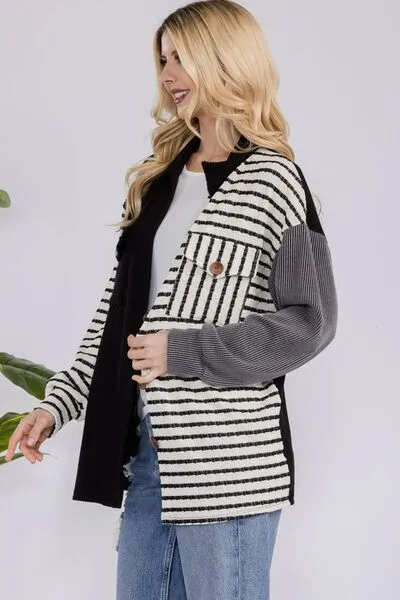 Celeste Full Size Striped Button Up Dropped Shoulder Shacket