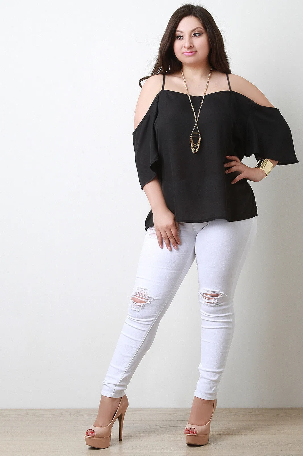 Chiffon Off-The-Shoulder Quarter Sleeve Top