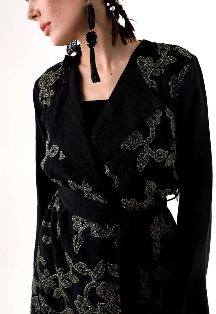 Choice Sequins Embroidery Kimono Jacket Black