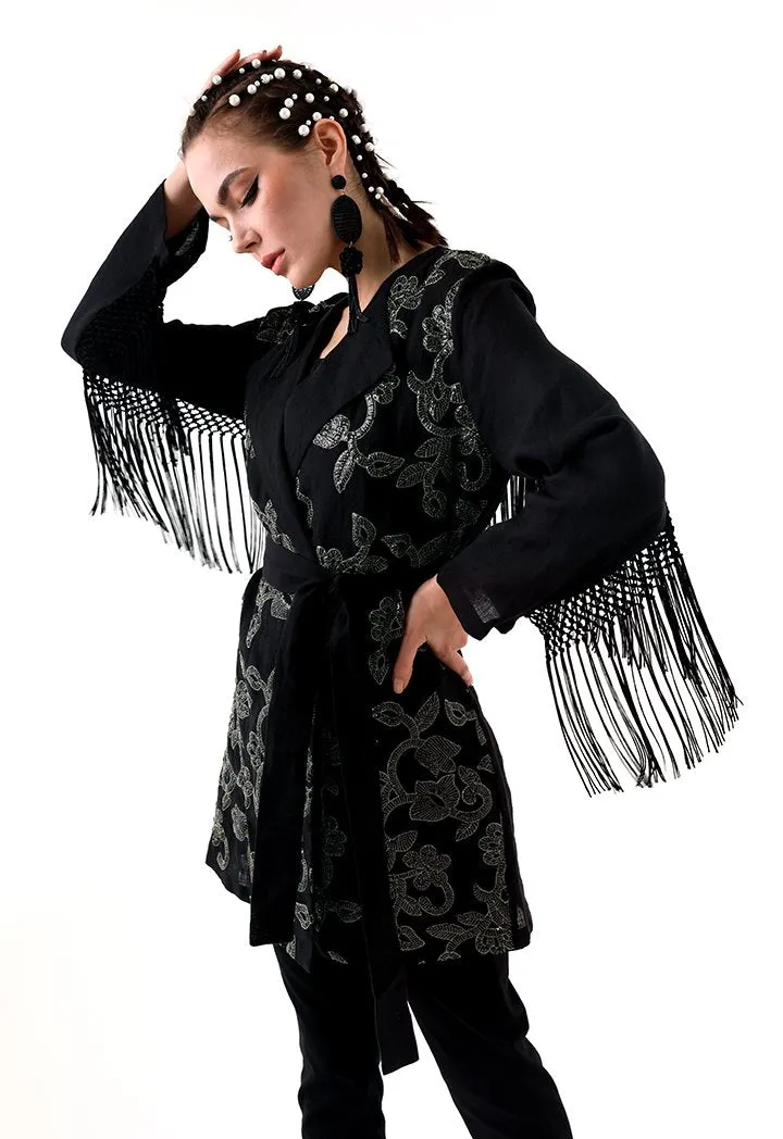 Choice Sequins Embroidery Kimono Jacket Black