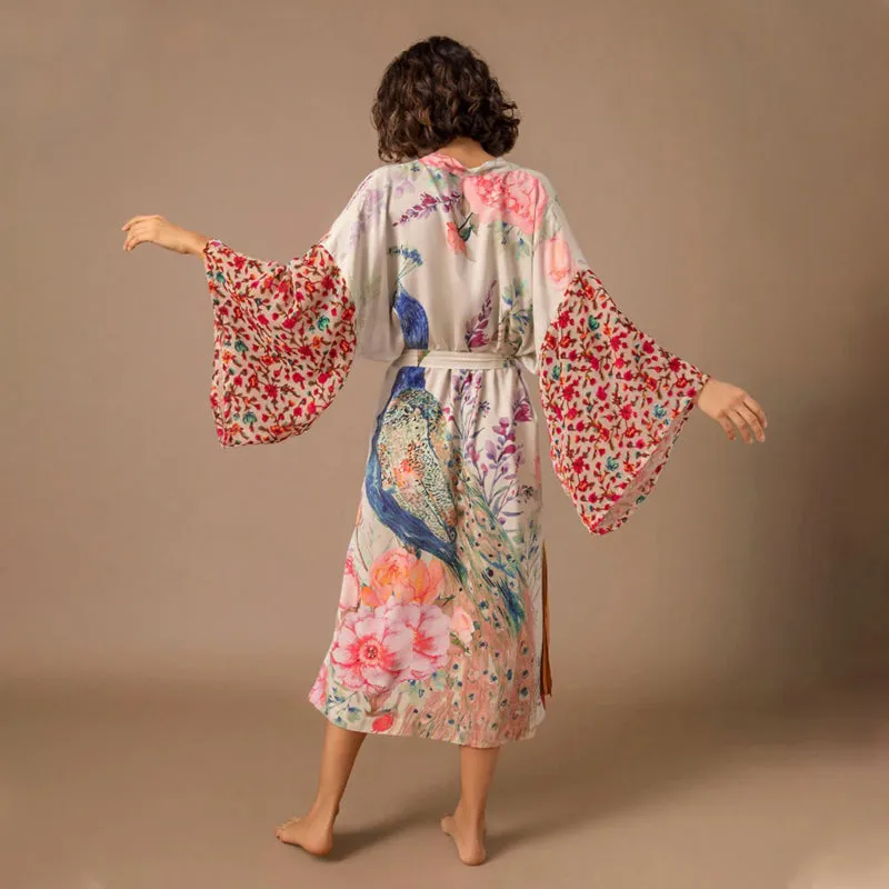 Classy Peacock and Flower Printed Wrap-Around Belted Robe