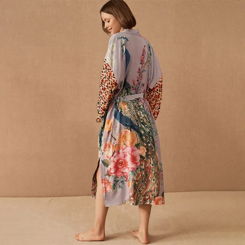 Classy Peacock and Flower Printed Wrap-Around Belted Robe