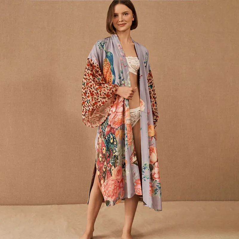 Classy Peacock and Flower Printed Wrap-Around Belted Robe