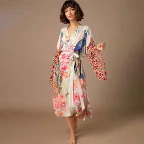 Classy Peacock and Flower Printed Wrap-Around Belted Robe