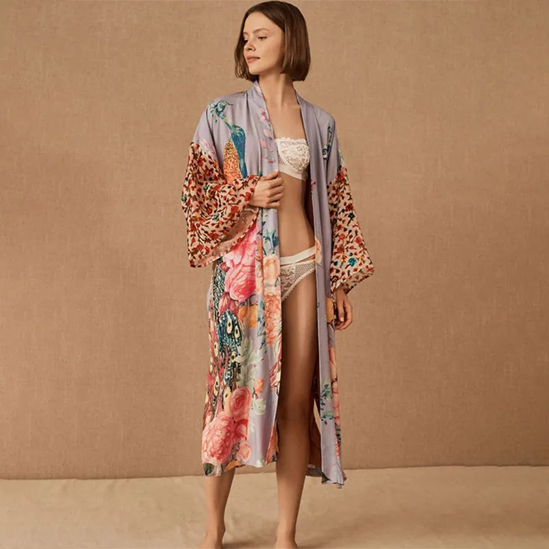 Classy Peacock and Flower Printed Wrap-Around Belted Robe