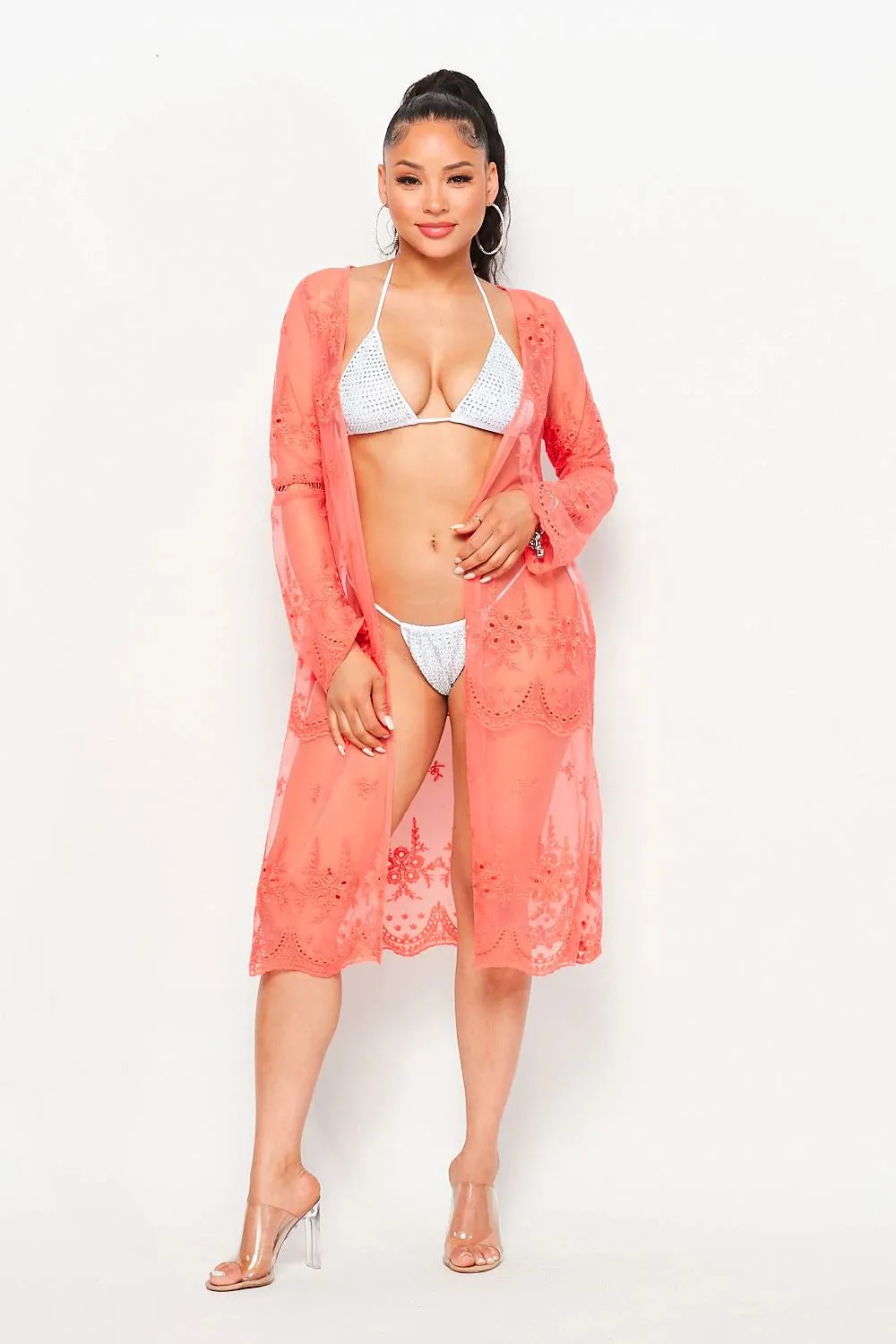 Coral Mesh Embroidered Kimono Cover Up