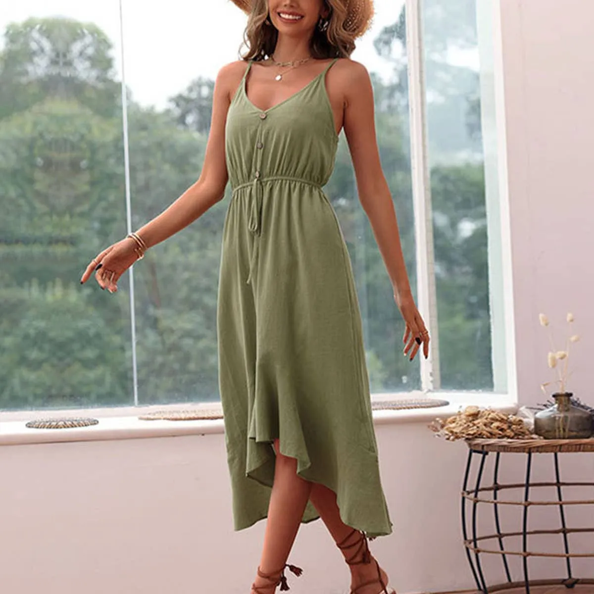 COTTON AND LINEN HALTER DRESS_CWDSD3416