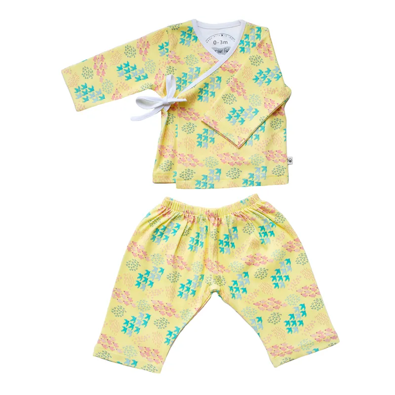 Cotton Kimono Co-Ord Set | Flock Printed | Yellow