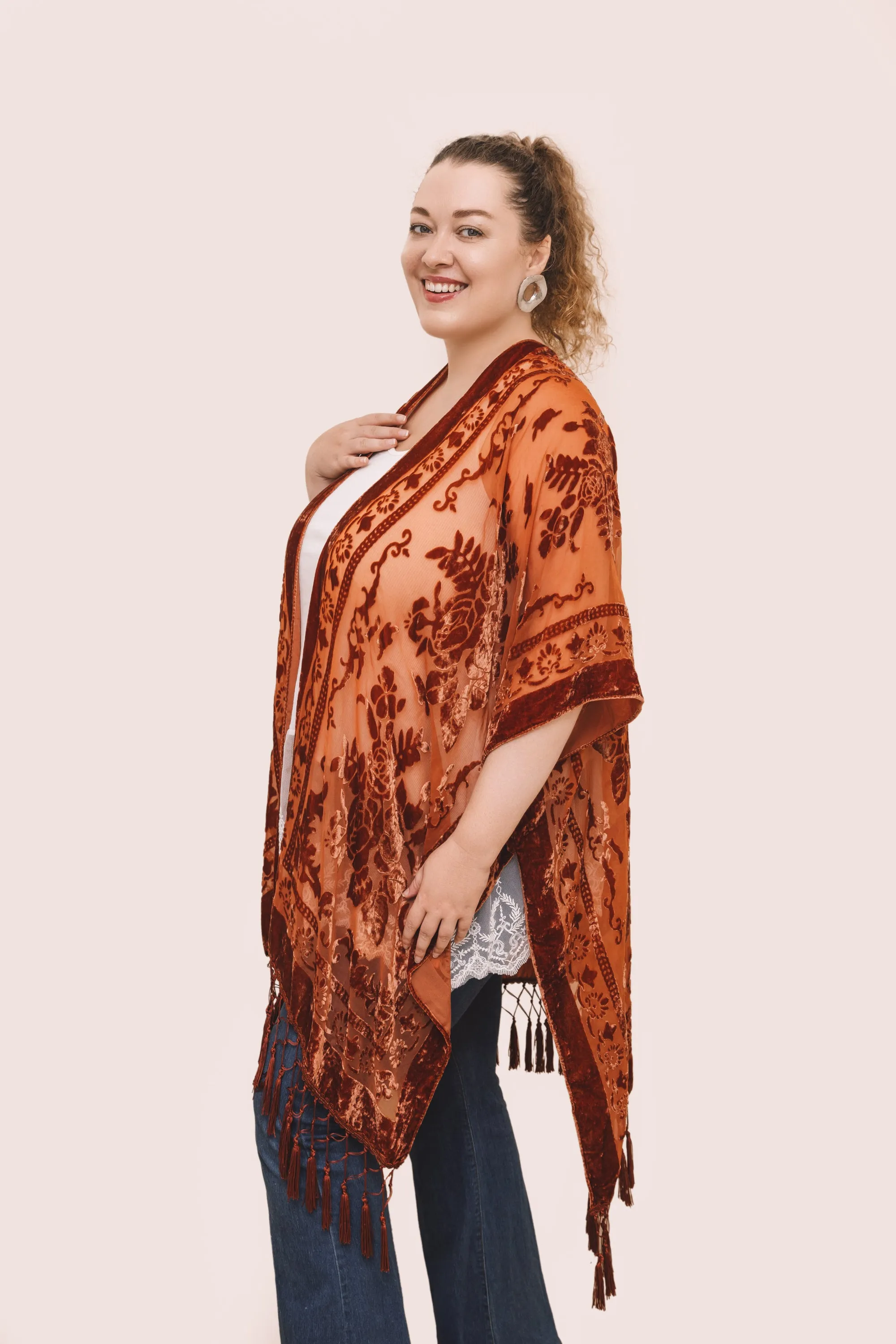 Courageous Embroidered Velvet Rust Bohemian Kimono