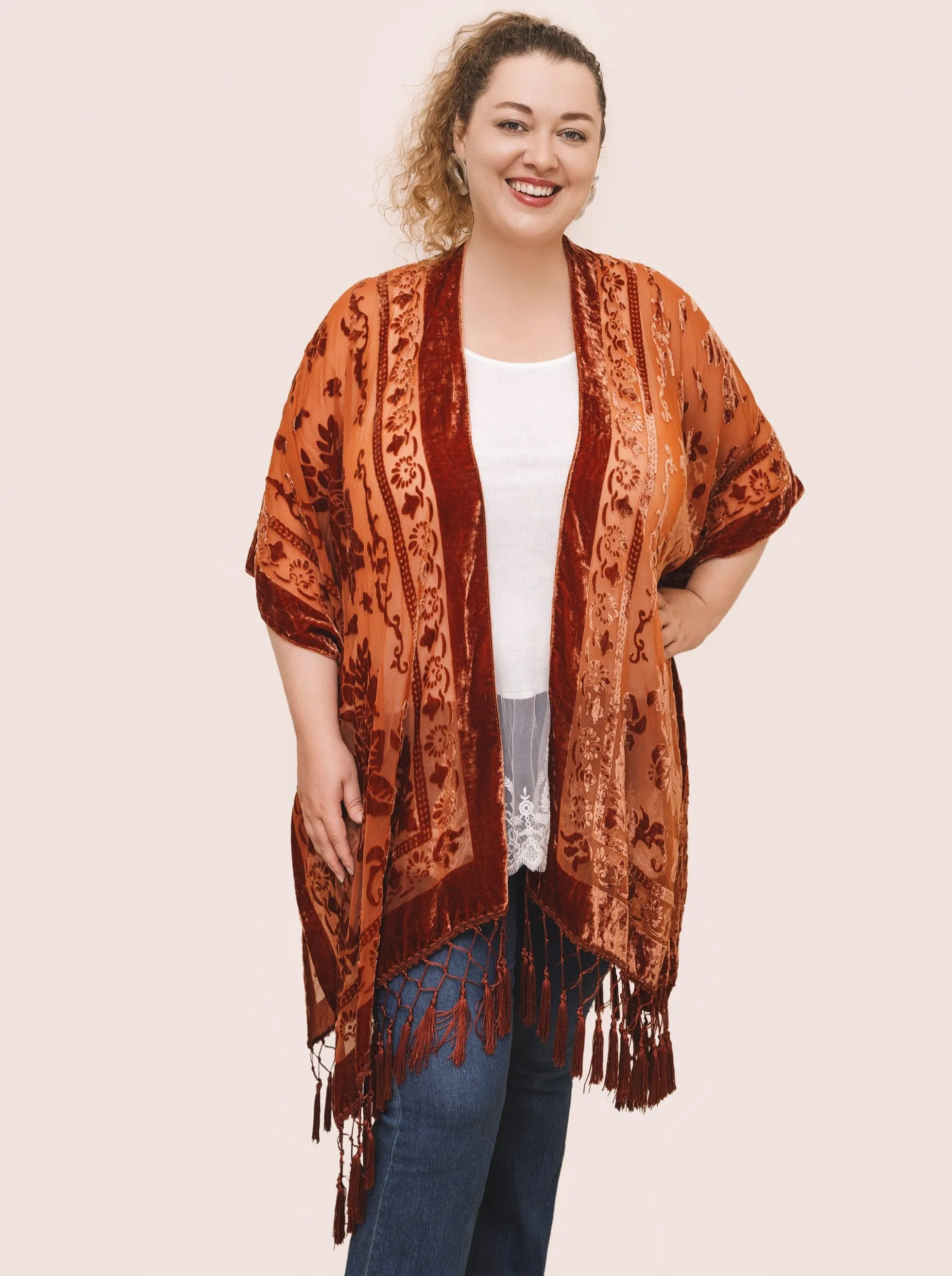 Courageous Embroidered Velvet Rust Bohemian Kimono