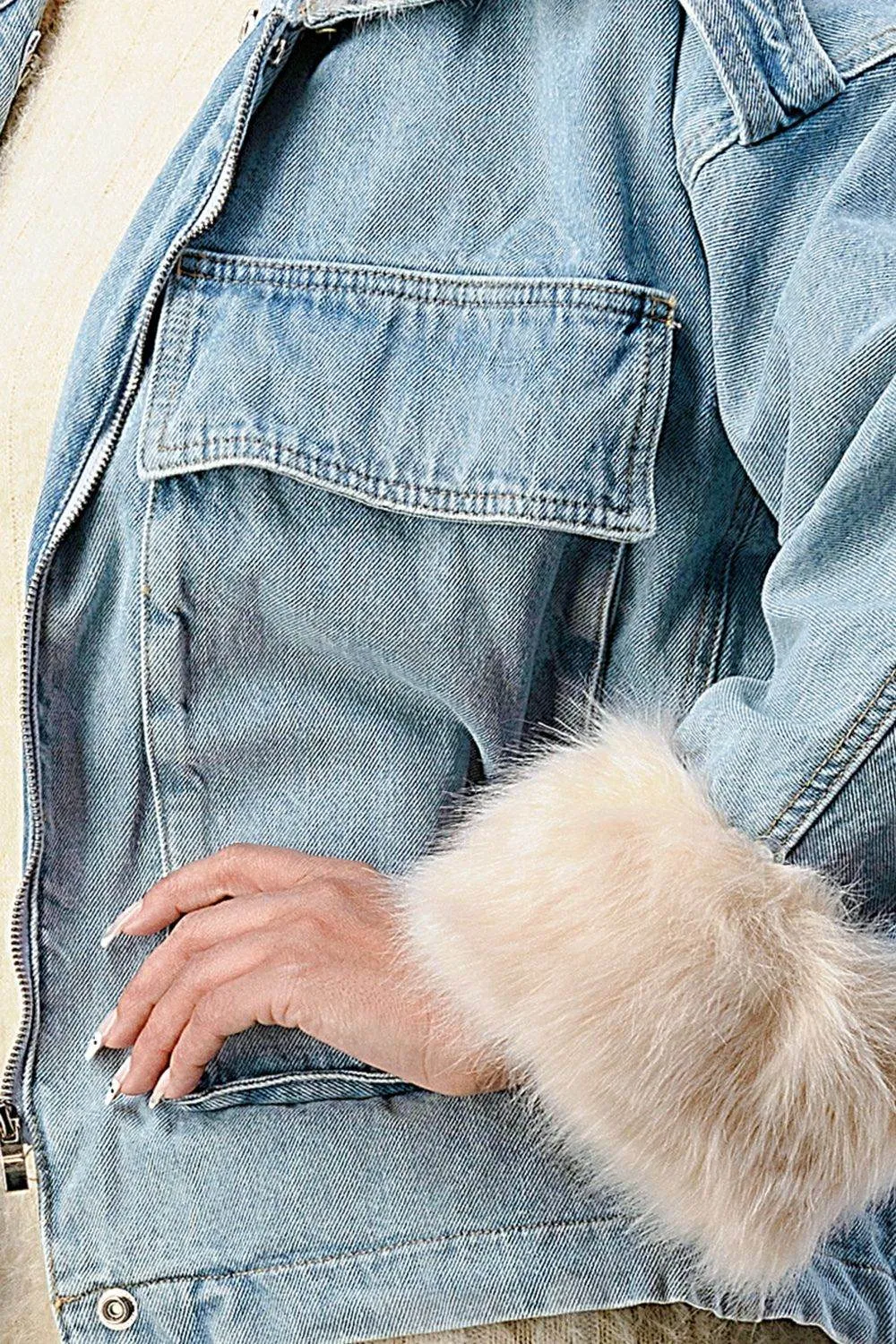 COZY FAUX FUR DRAWSTRING ADJUSTABLE DENIM JACKET