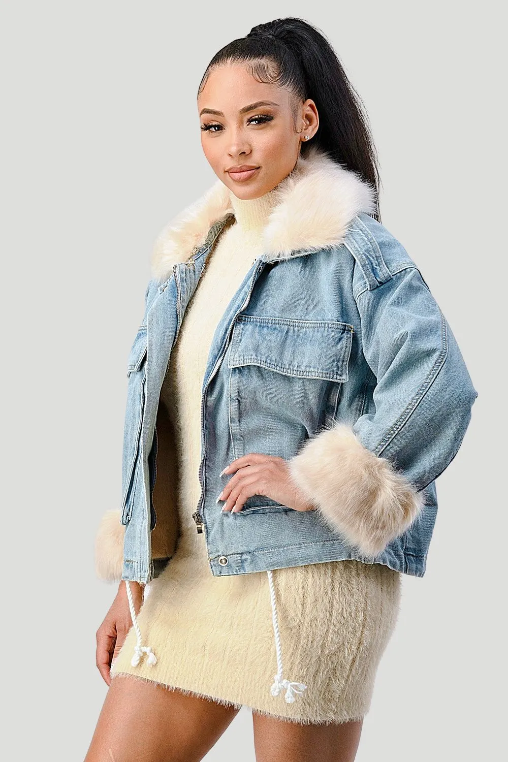 COZY FAUX FUR DRAWSTRING ADJUSTABLE DENIM JACKET