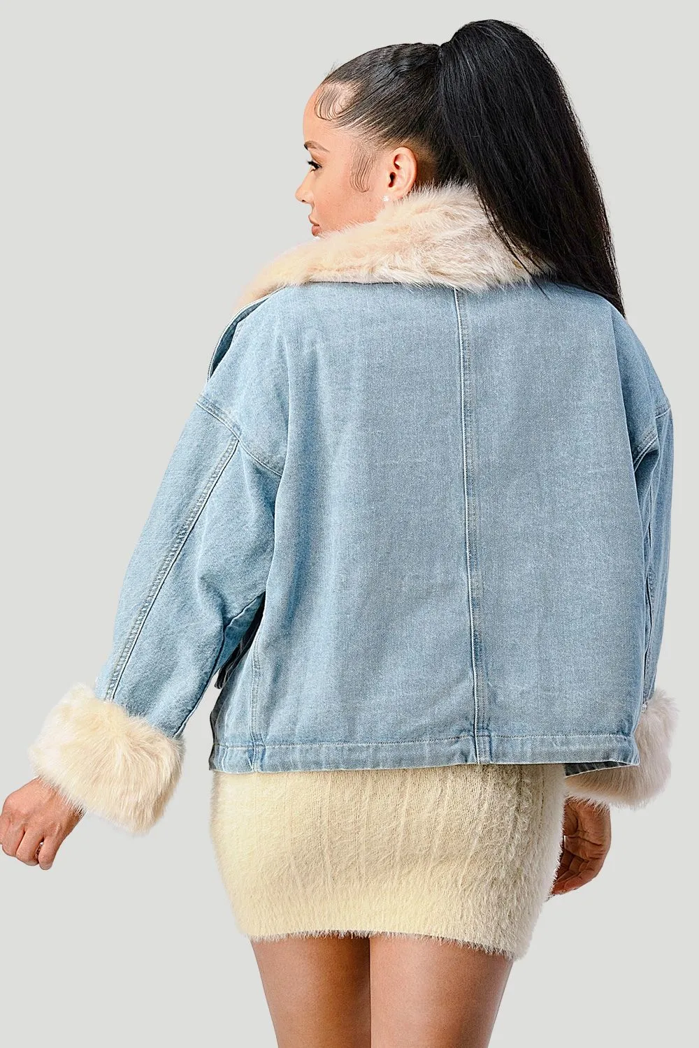 COZY FAUX FUR DRAWSTRING ADJUSTABLE DENIM JACKET