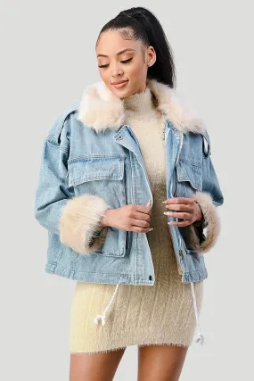 COZY FAUX FUR DRAWSTRING ADJUSTABLE DENIM JACKET