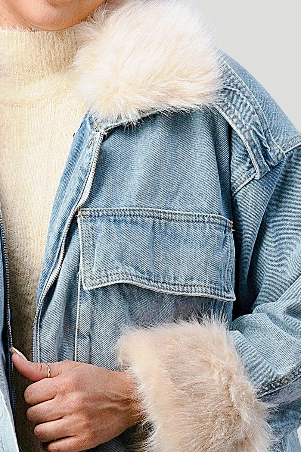 COZY FAUX FUR DRAWSTRING ADJUSTABLE DENIM JACKET