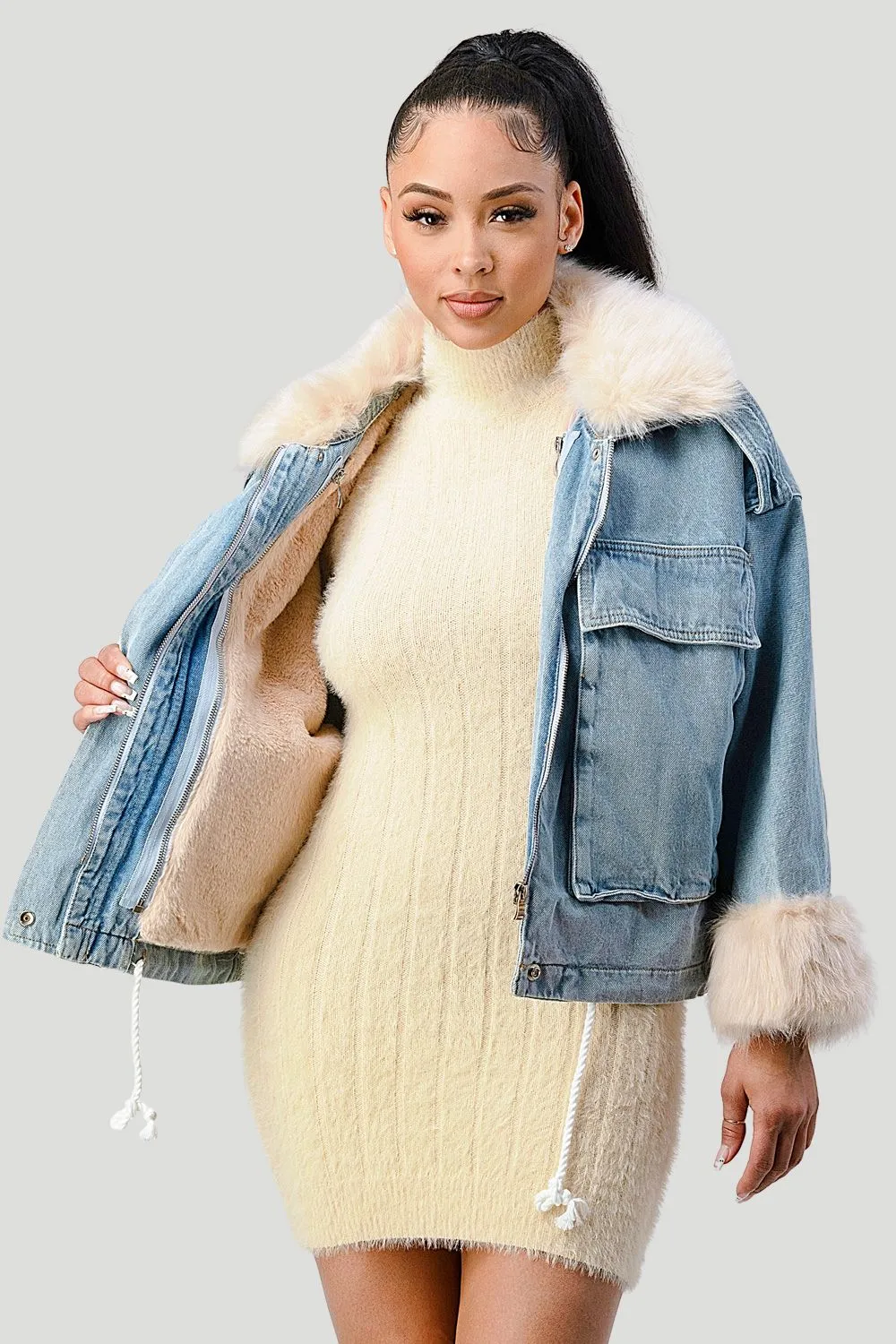 COZY FAUX FUR DRAWSTRING ADJUSTABLE DENIM JACKET