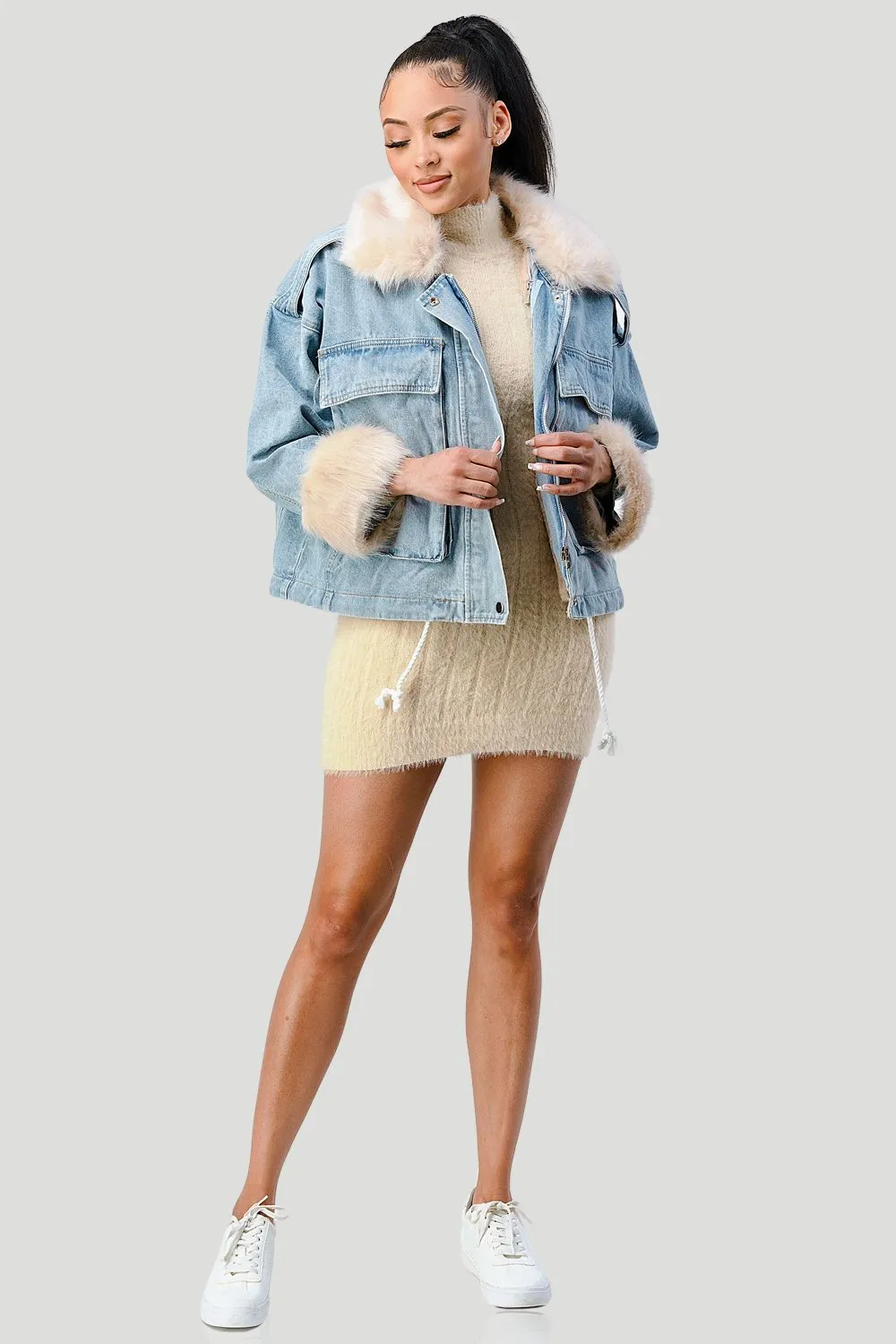 COZY FAUX FUR DRAWSTRING ADJUSTABLE DENIM JACKET