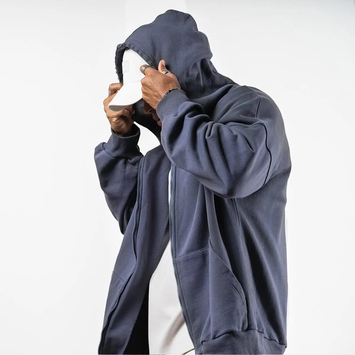 Cozy Heavyweight Zip Through Navy Hooded Jacket