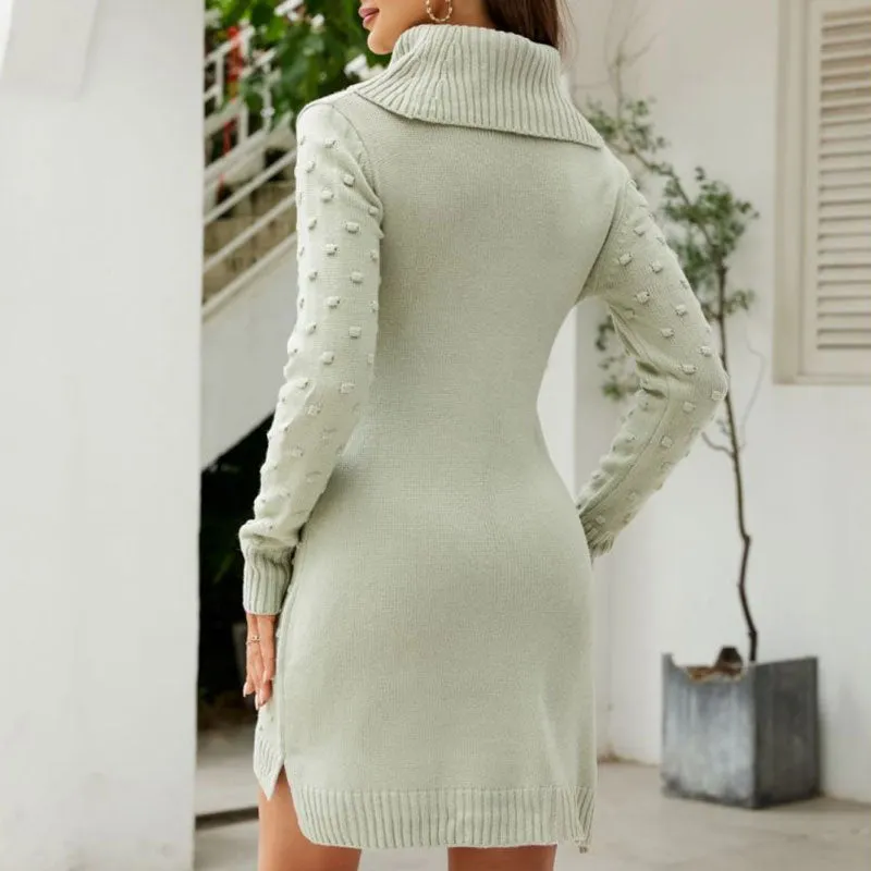 Cozy Turtleneck Long Sleeve Textured Knit Winter Bodycon Sweater Mini Dress