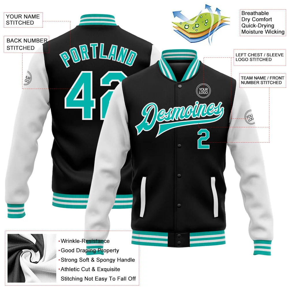 Custom Black Aqua-White Bomber Full-Snap Varsity Letterman Two Tone Jacket