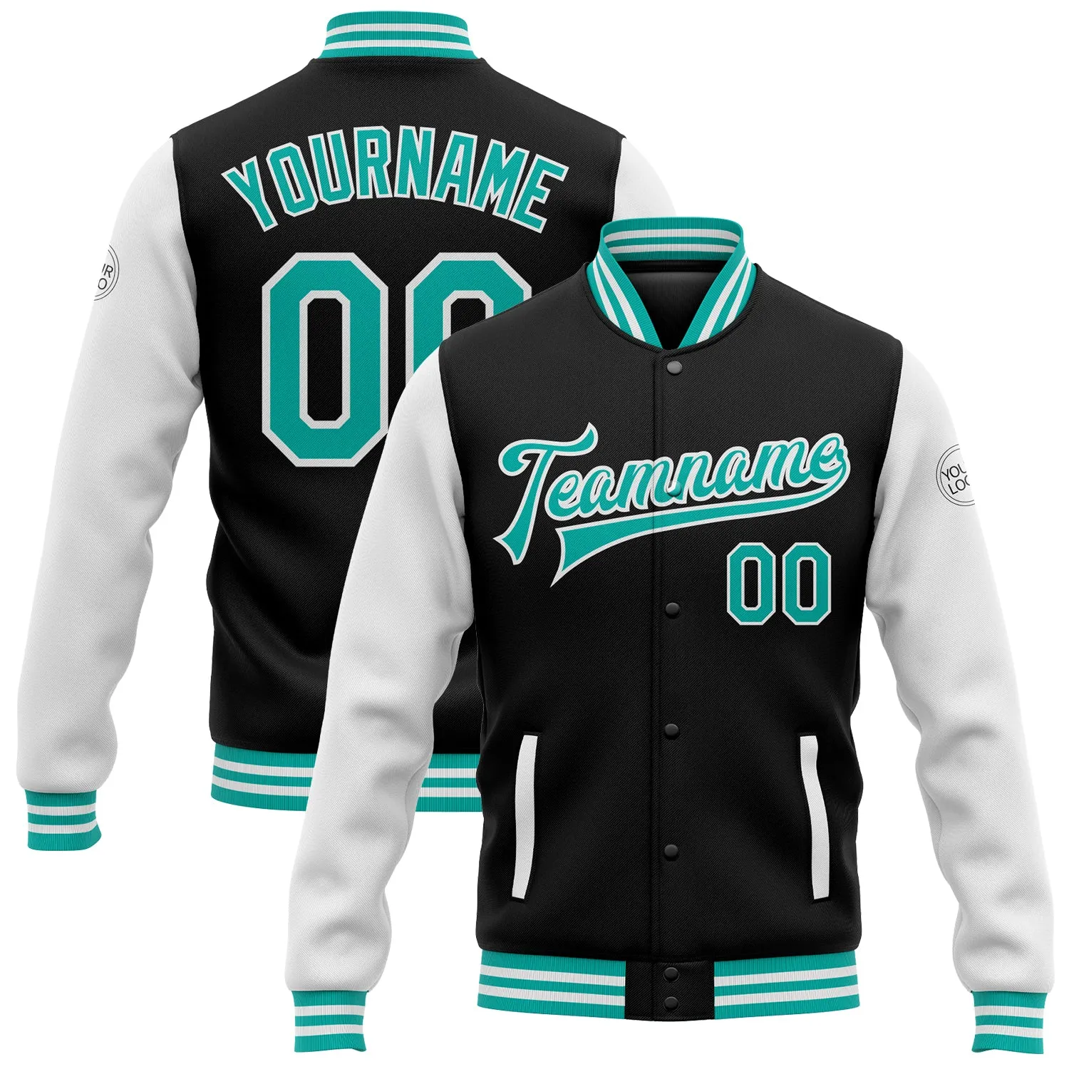 Custom Black Aqua-White Bomber Full-Snap Varsity Letterman Two Tone Jacket