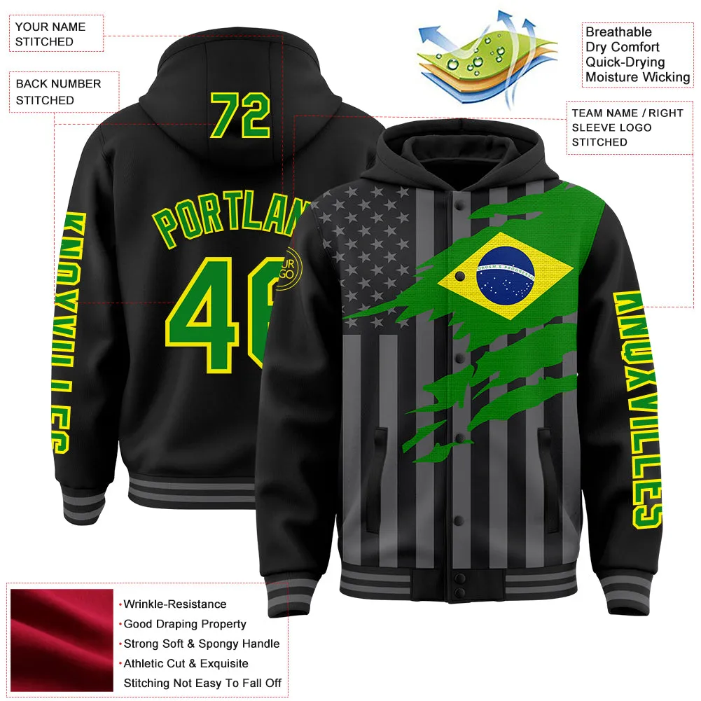 Custom Black Grass Green Light Yellow-Gray Brasil Brazilian Flag 3D Bomber Full-Snap Varsity Letterman Hoodie Jacket