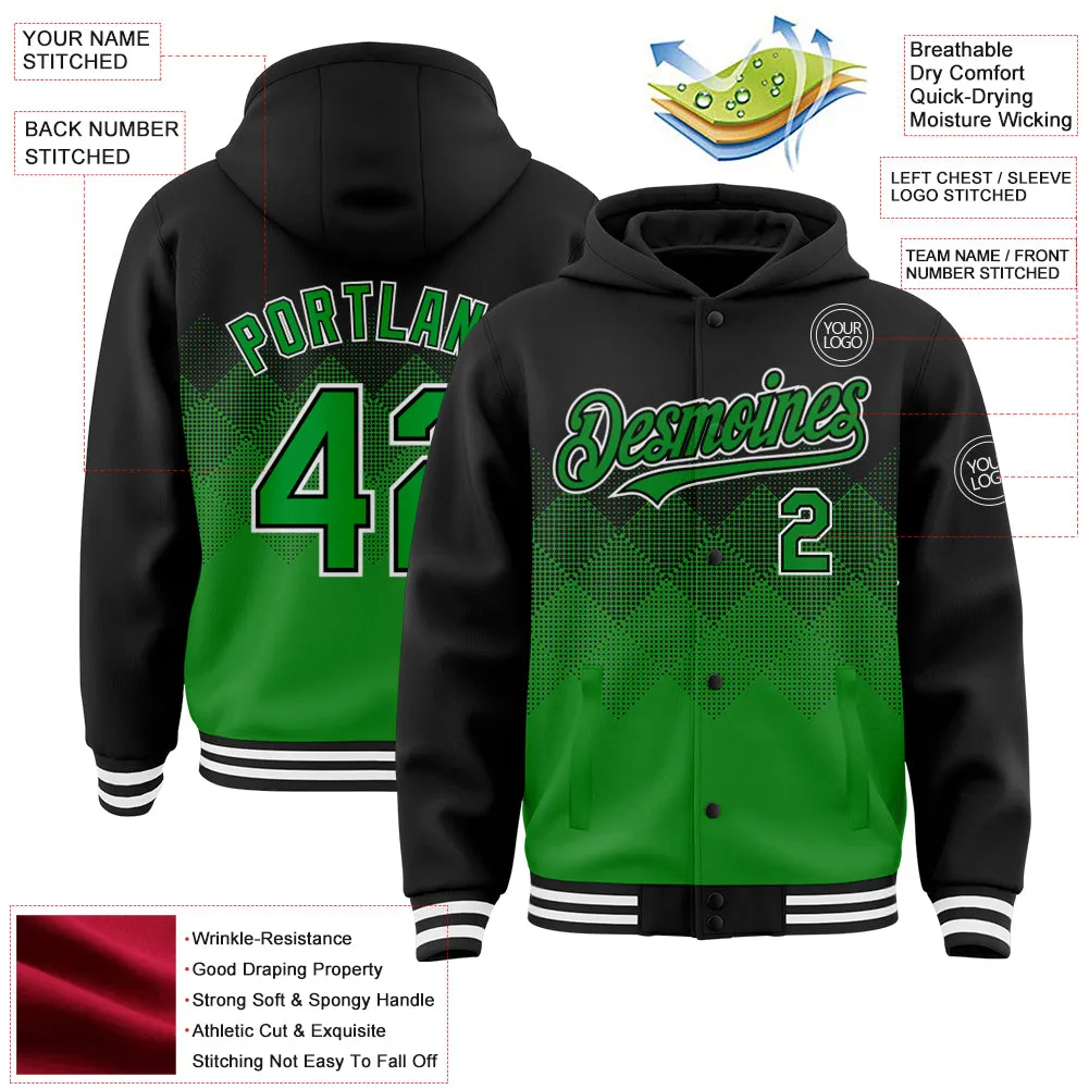 Custom Black Grass Green-White Gradient Square Shape 3D Pattern Design Bomber Full-Snap Varsity Letterman Hoodie Jacket