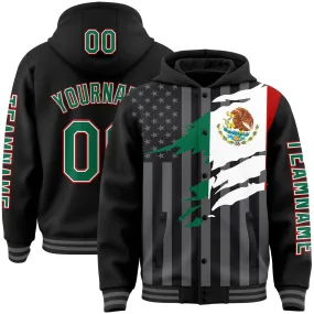 Custom Black Kelly Green Red-Gray Mexico Mexican Flag 3D Bomber Full-Snap Varsity Letterman Hoodie Jacket