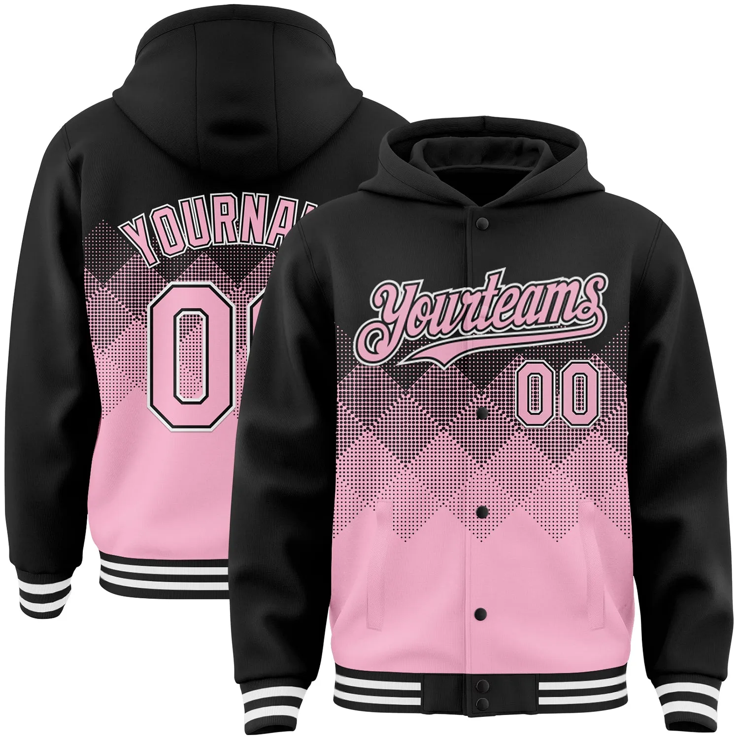 Custom Black Light Pink-White Gradient Square Shape 3D Pattern Design Bomber Full-Snap Varsity Letterman Hoodie Jacket