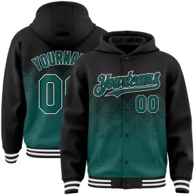 Custom Black Midnight Green-White Gradient Square Shape 3D Pattern Design Bomber Full-Snap Varsity Letterman Hoodie Jacket