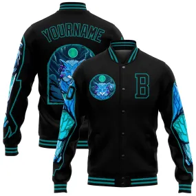 Custom Black Teal Leopard 3D Pattern Design Bomber Full-Snap Varsity Letterman Jacket