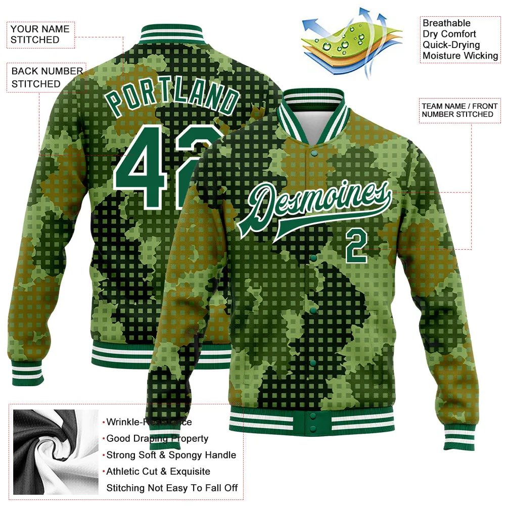 Custom Camo Kelly Green-White Geometric Camouflage 3D Bomber Full-Snap Varsity Letterman Salute To Service Jacket