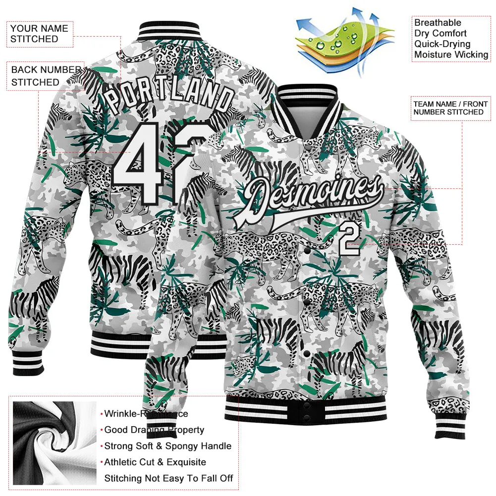 Custom Camo White-Black Tropical Jungle Animal 3D Pattern Design Bomber Full-Snap Varsity Letterman Salute To Service Jacket