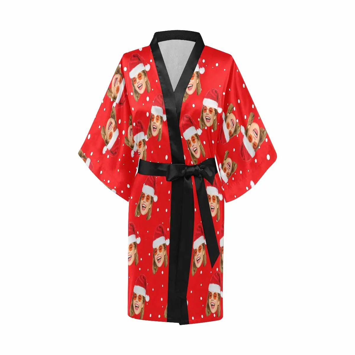 Custom Face Christmas Hat Red Women's Short Pajama Kimono Robe