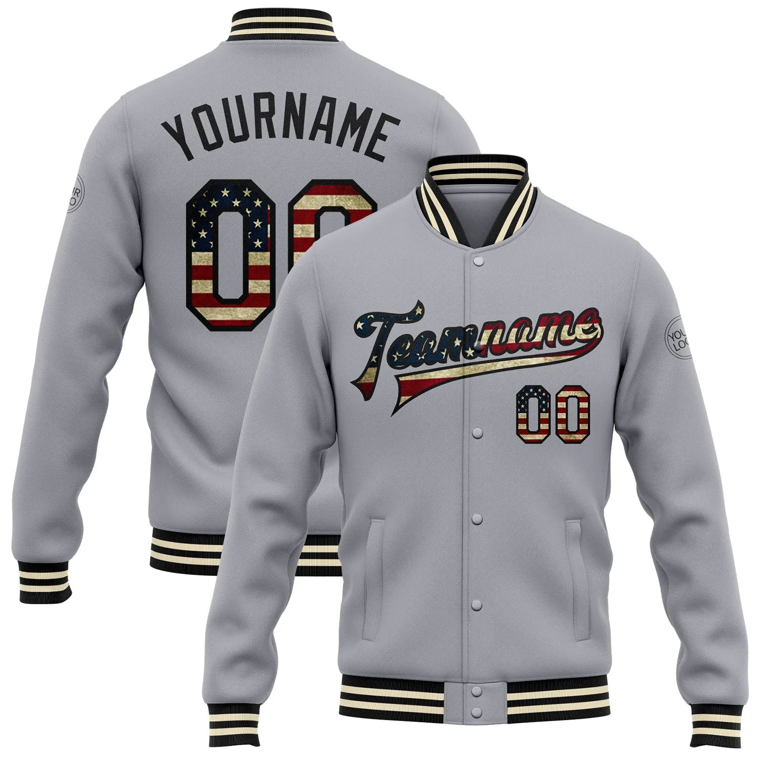 Custom Gray Vintage USA Flag Black-Cream Bomber Full-Snap Varsity Letterman Jacket