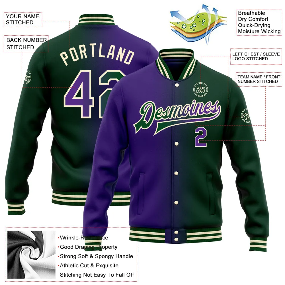 Custom Green Purple-Cream Bomber Full-Snap Varsity Letterman Gradient Fashion Jacket