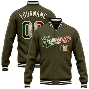 Custom Olive Vintage Mexican Flag Cream-Black Bomber Full-Snap Varsity Letterman Salute To Service Jacket