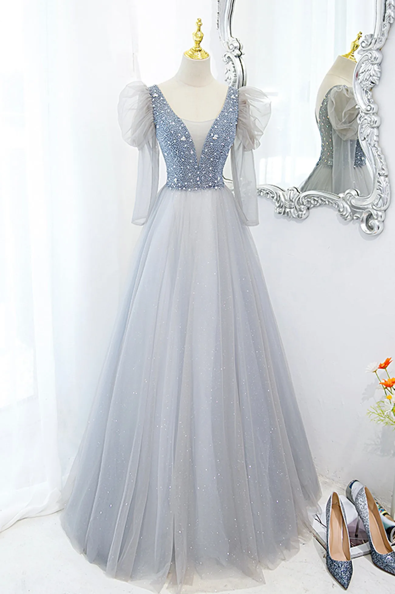 Cute V-Neck Tulle Beaded Long Prom Dress, Gray A-Line Evening Party Dress