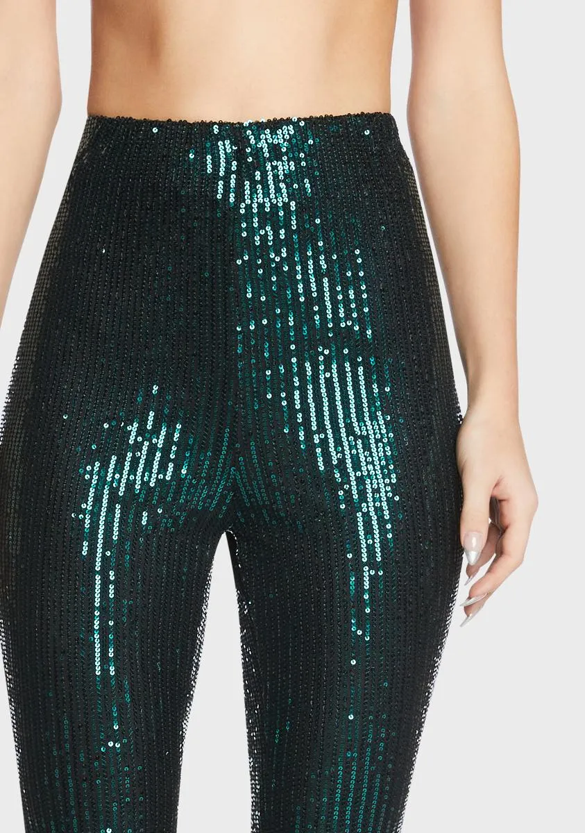 Dark Green Sequin Flared Pants