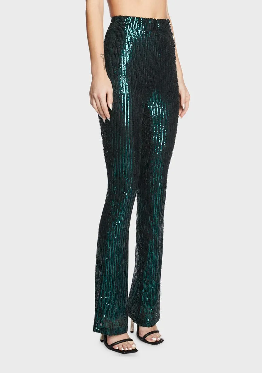 Dark Green Sequin Flared Pants