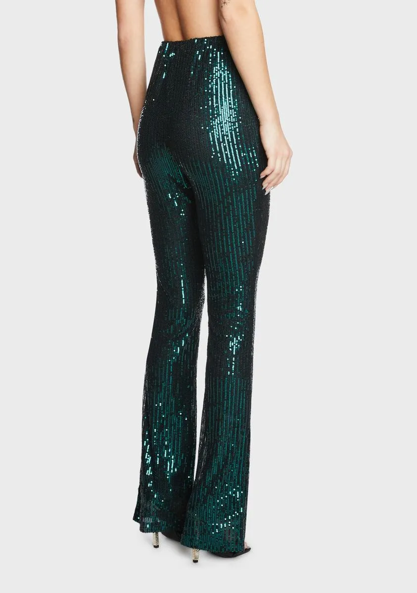 Dark Green Sequin Flared Pants