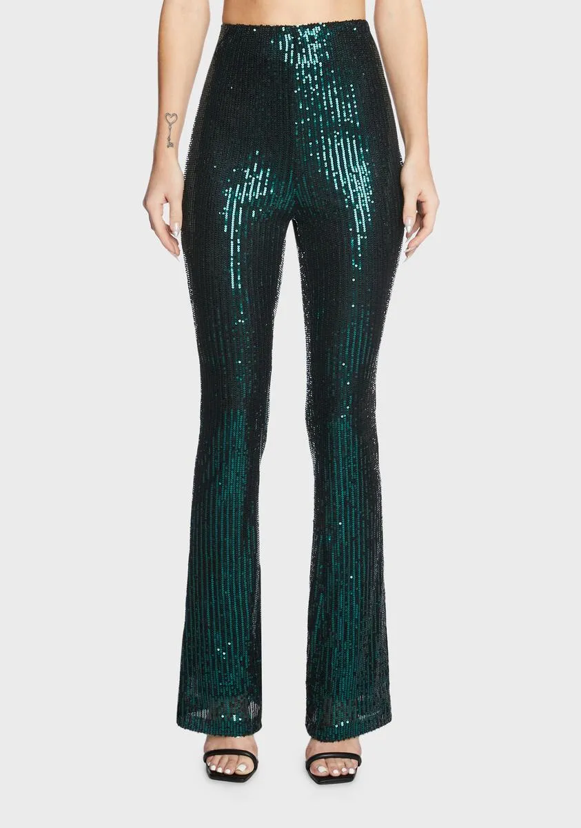 Dark Green Sequin Flared Pants