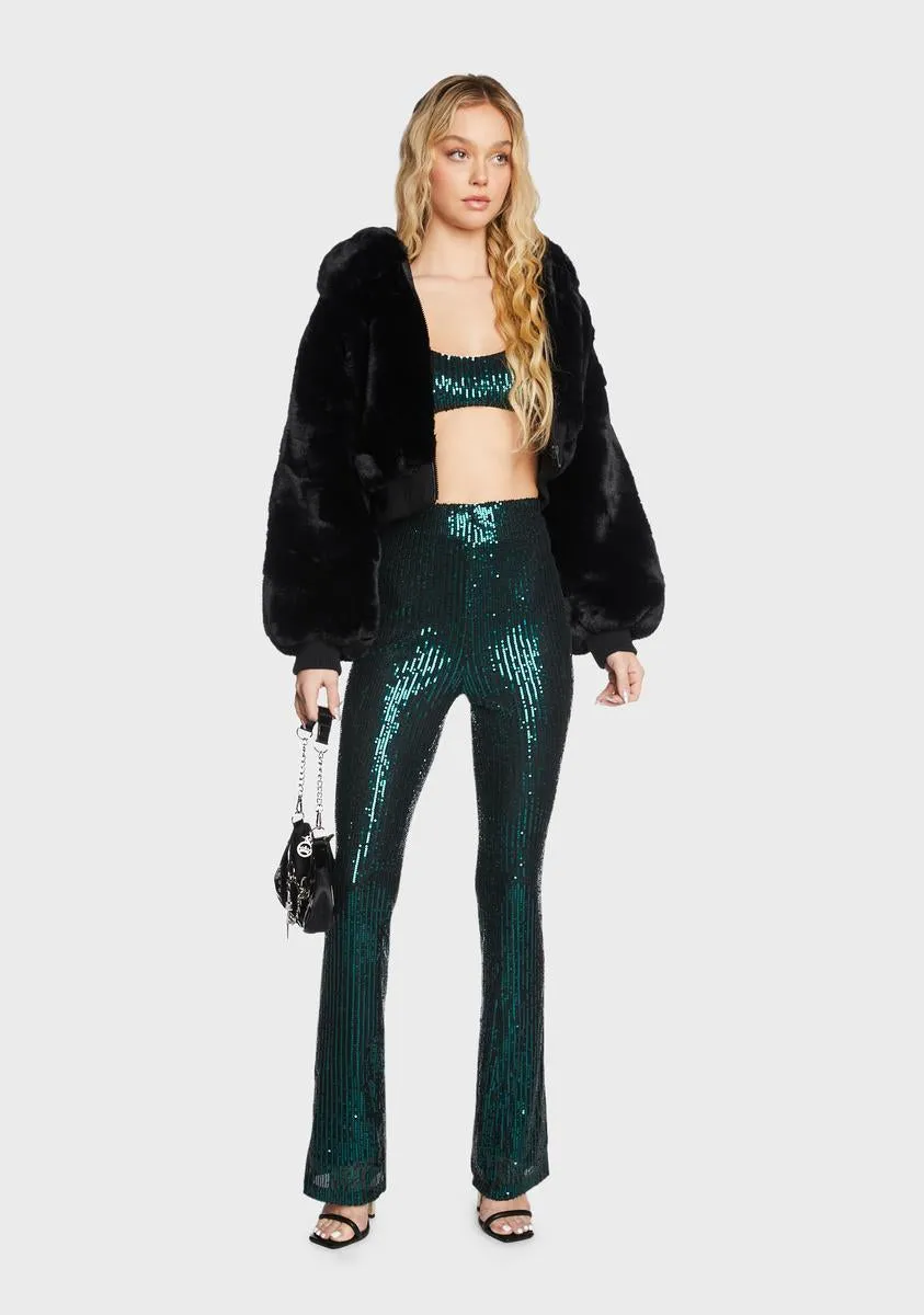 Dark Green Sequin Flared Pants