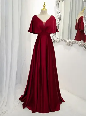 Dark Red Satin A-line Floor Length Evening Dress, Wine Red Wedding Party Dresses