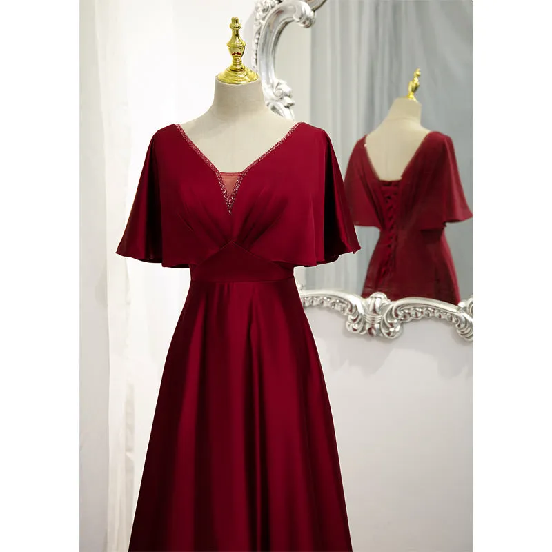 Dark Red Satin A-line Floor Length Evening Dress, Wine Red Wedding Party Dresses