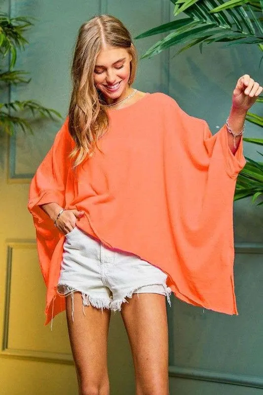 Davi & Dani Solid Round Neck Loose Fit Kimono Sleeve Sweater