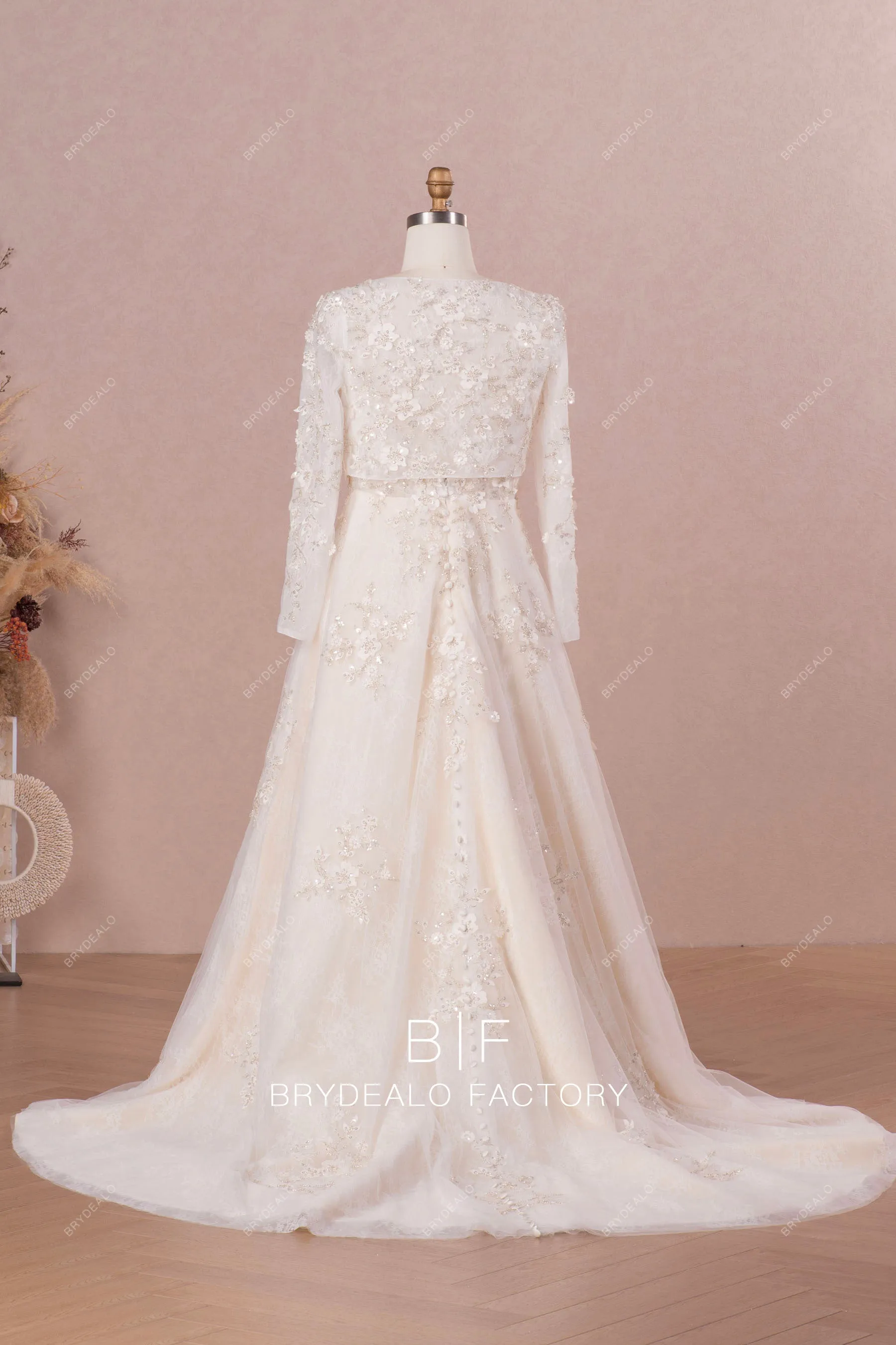 Designer 3D Flower Lace Champagne A-line Wedding Dress with Bolero