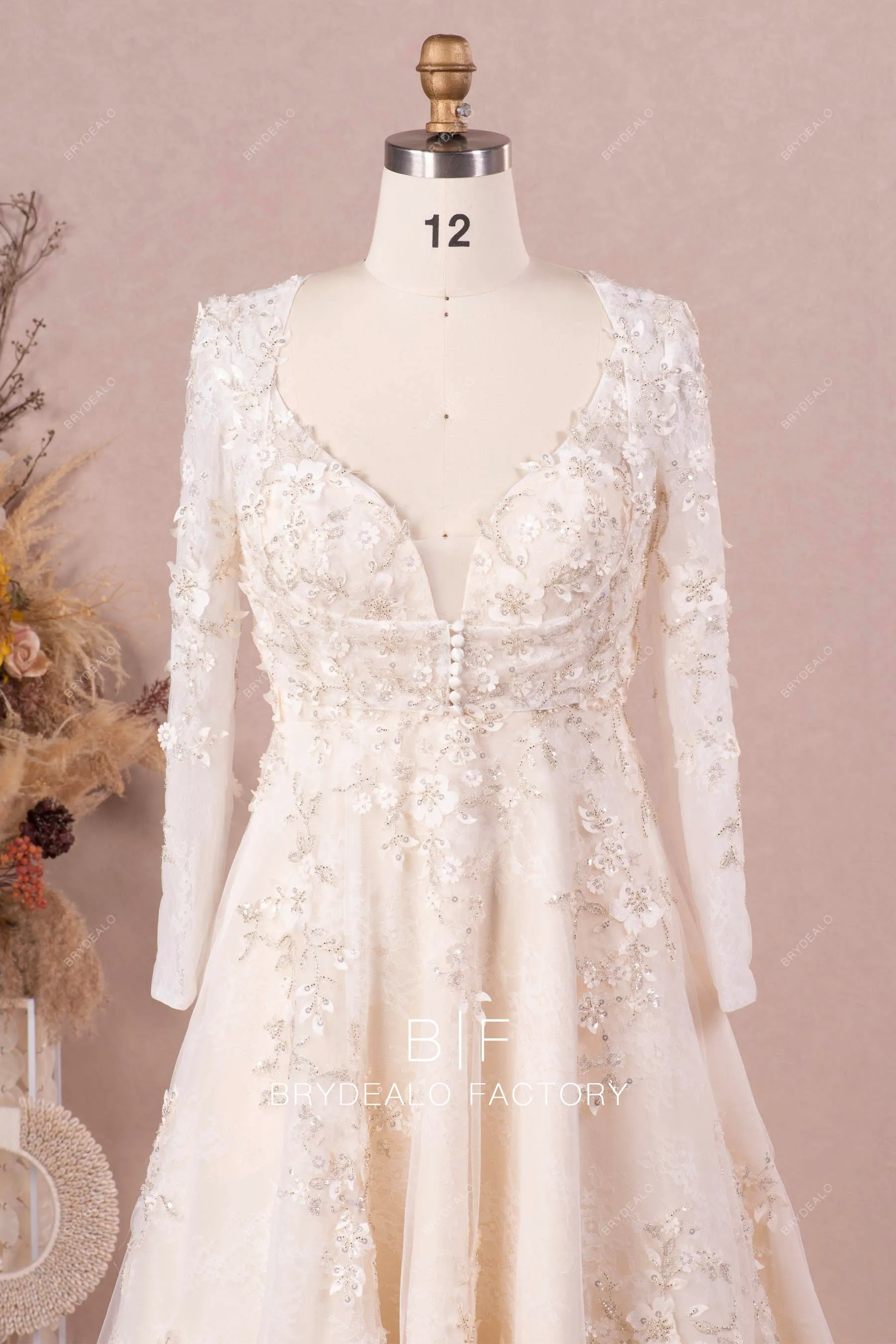 Designer 3D Flower Lace Champagne A-line Wedding Dress with Bolero