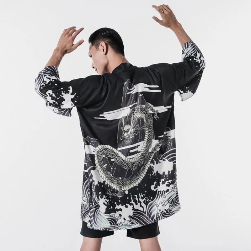 Dragon Print Japanese-Style Half-Sleeve Kimono