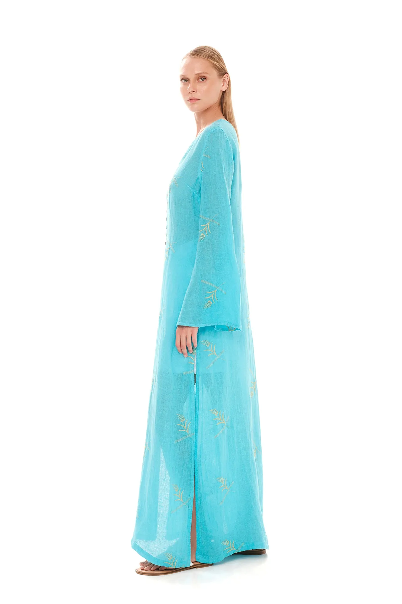 Embroidered Linen Gauze Kimono Turquoise